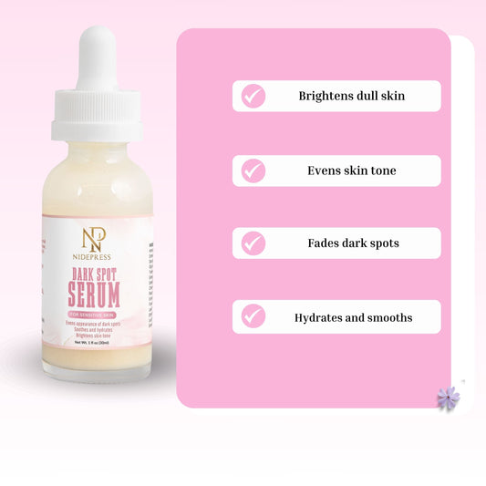 ntroducing our Dark Spot Serum, designed for sensitive skin. Hydration sets the stage for targeted dark spot reduction. Natural extracts work together to brighten and even skin tone while providing soothing repair.
Ideal for sensitive skin, it does not contain typical brightening acids such as Kojic Acid. Instead, we rely on clinically tested natural ingredients such as adaptogenic mushrooms to brighten and even skin tone.
Ingredients: Water, Propanediol, Artocarpus Heterophyllus Fruit Extract, Sorbita